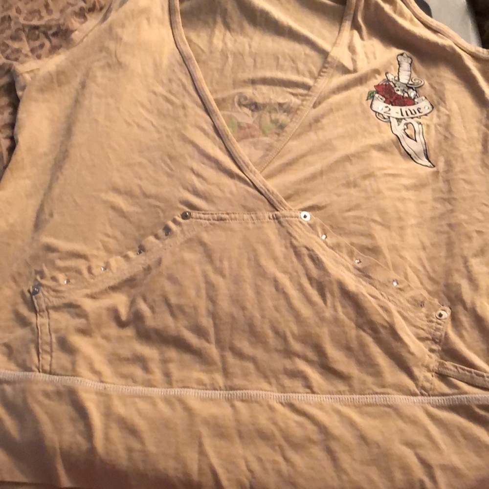 One Life size XL tan tee mock wrap sleeveless hooded tee shirt